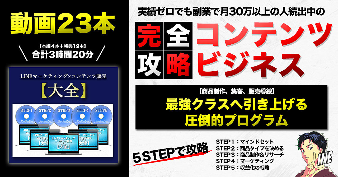 コンテンツ販売ビジネス【完全攻略】強制的に最強クラスへ引き上げる！実績ゼロでも副業で月30万円以上続出中の圧倒的プログラム